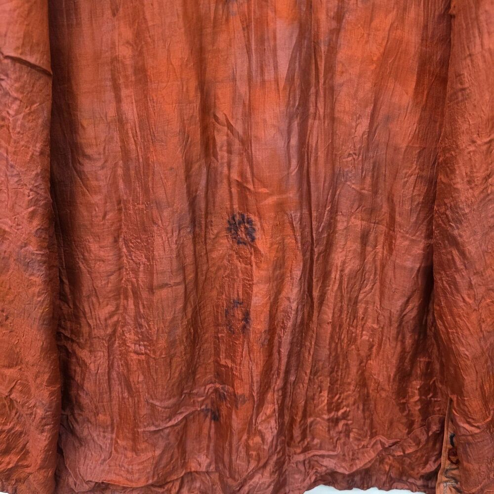 Red Asian Satin Kimono Vintage Mid Length Embroidered Pattern Button Down Flaw m - Picture 9 of 13
